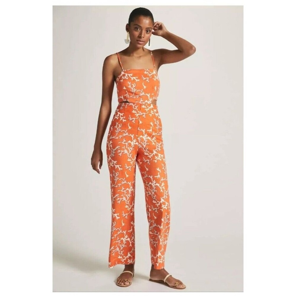 Anthropologie Orange and White Floral Jumpsuit with Sweetheart Neckline